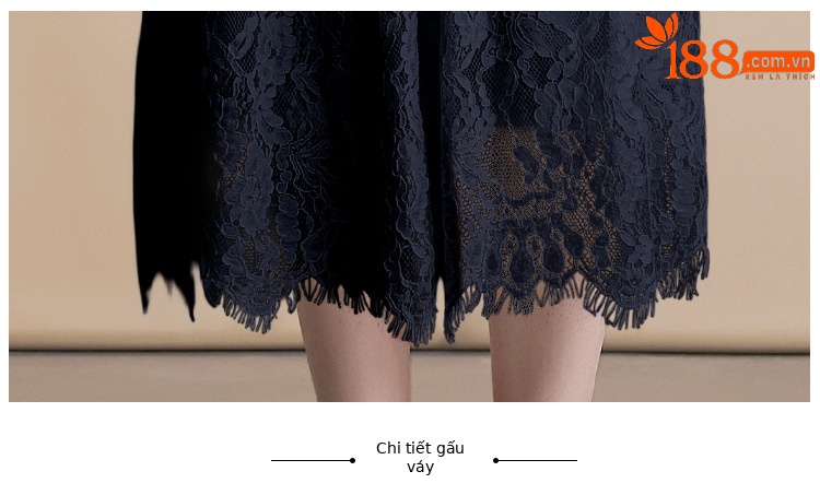 Váy ren nữ tay ngắn cổ tròn đính đá nặng, kiểu dáng suông midi thanh lịch — màu xanh, màu xanh hải quân, hồng, trắng chi tiết 8