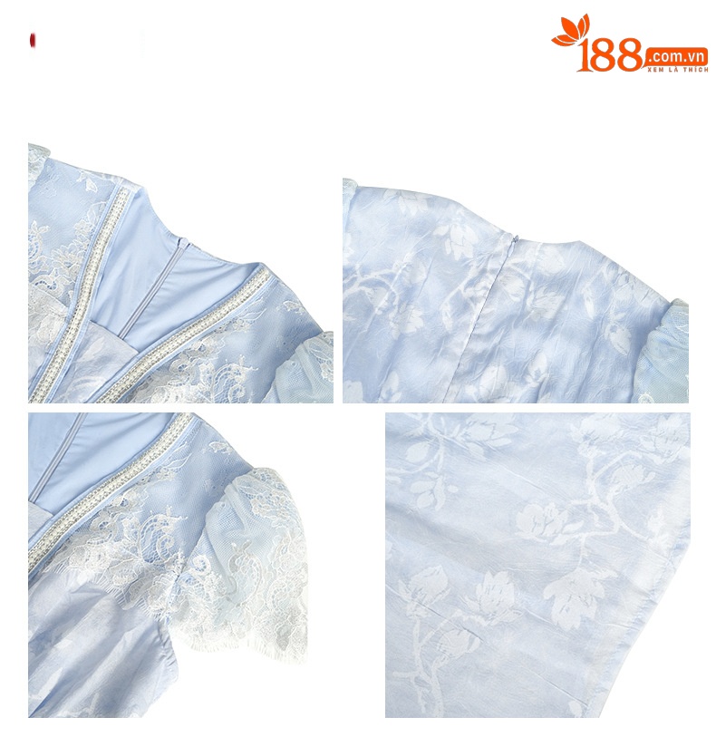 Váy liền nữ cổ chữ V thắt eo phối ren in họa tiết xanh — trời xanh chi tiết 2