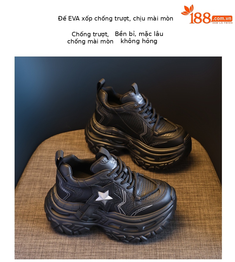 Giày sneaker chunky đế dày tăng chiều cao nữ, đế 9cm — đen chi tiết 9