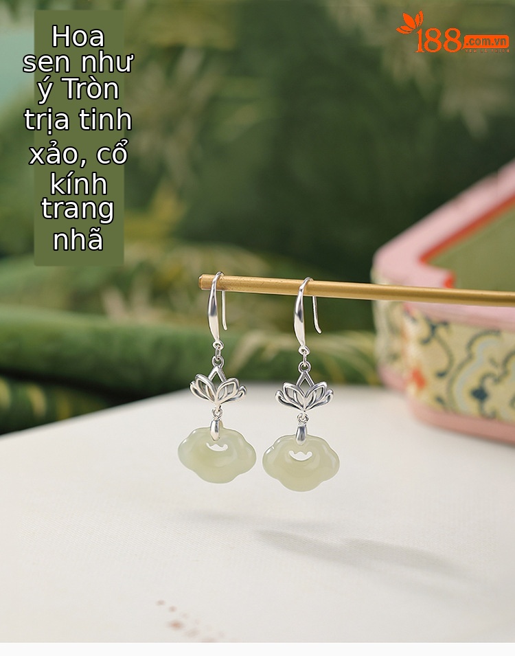 Bông tai bạc S925 đính ngọc Hetian tự nhiên hình hoa sen Ruyi cổ điển — một cặp chi tiết 1
