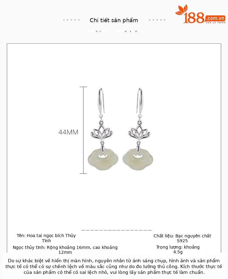 Bông tai bạc S925 đính ngọc Hetian tự nhiên hình hoa sen Ruyi cổ điển — một cặp chi tiết 2
