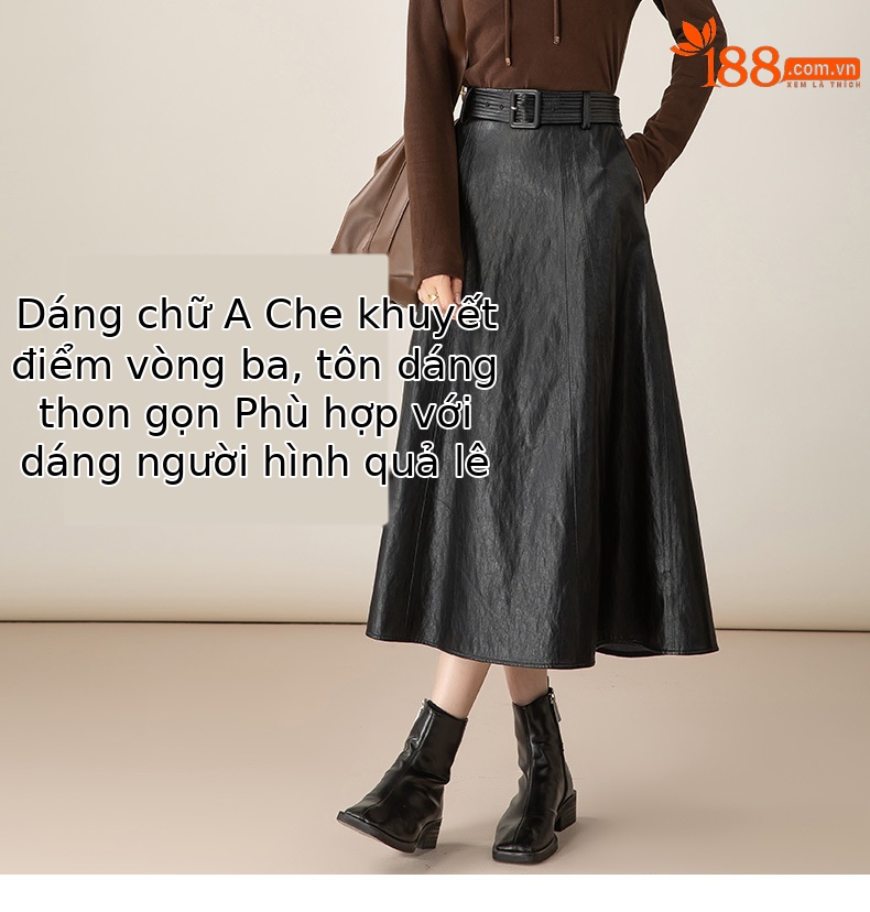 Váy da PU dài phối ren thiết kế Hàn Quốc thanh lịch — đen chi tiết 9