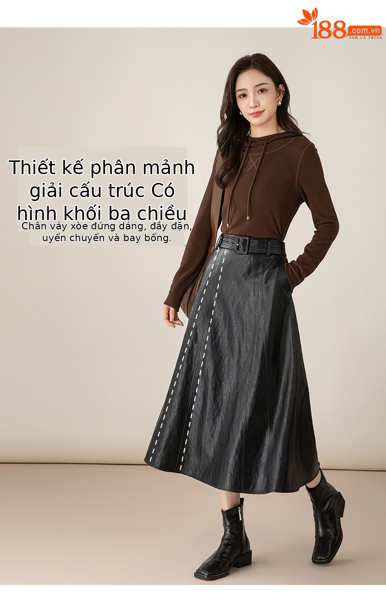 Váy da PU dài phối ren thiết kế Hàn Quốc thanh lịch — đen chi tiết 10