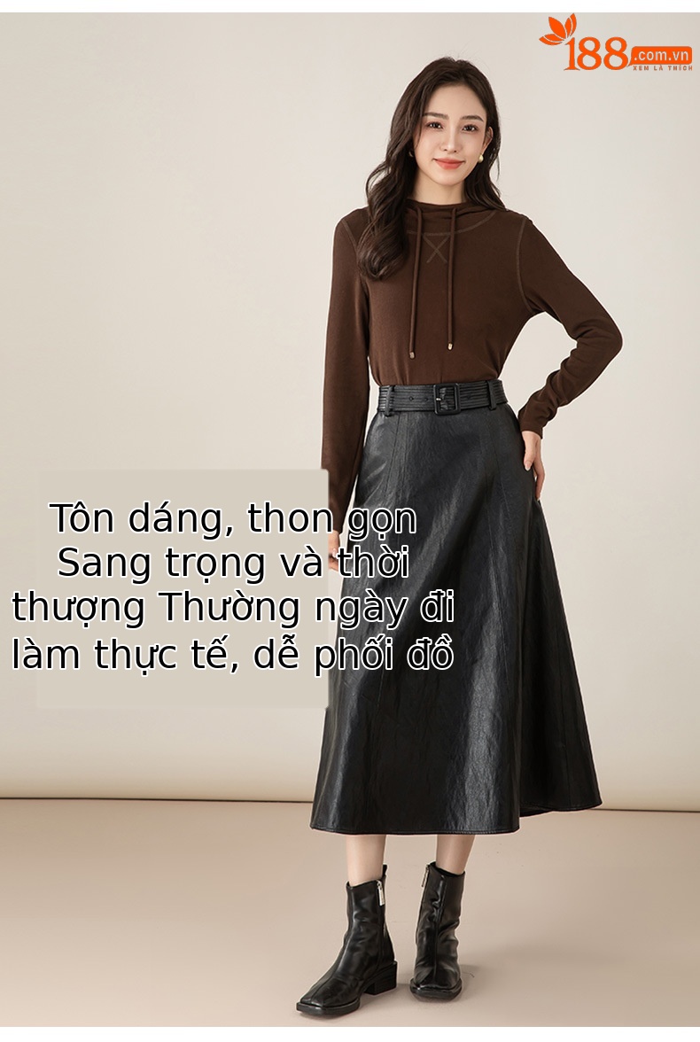 Váy da PU dài phối ren thiết kế Hàn Quốc thanh lịch — đen chi tiết 13