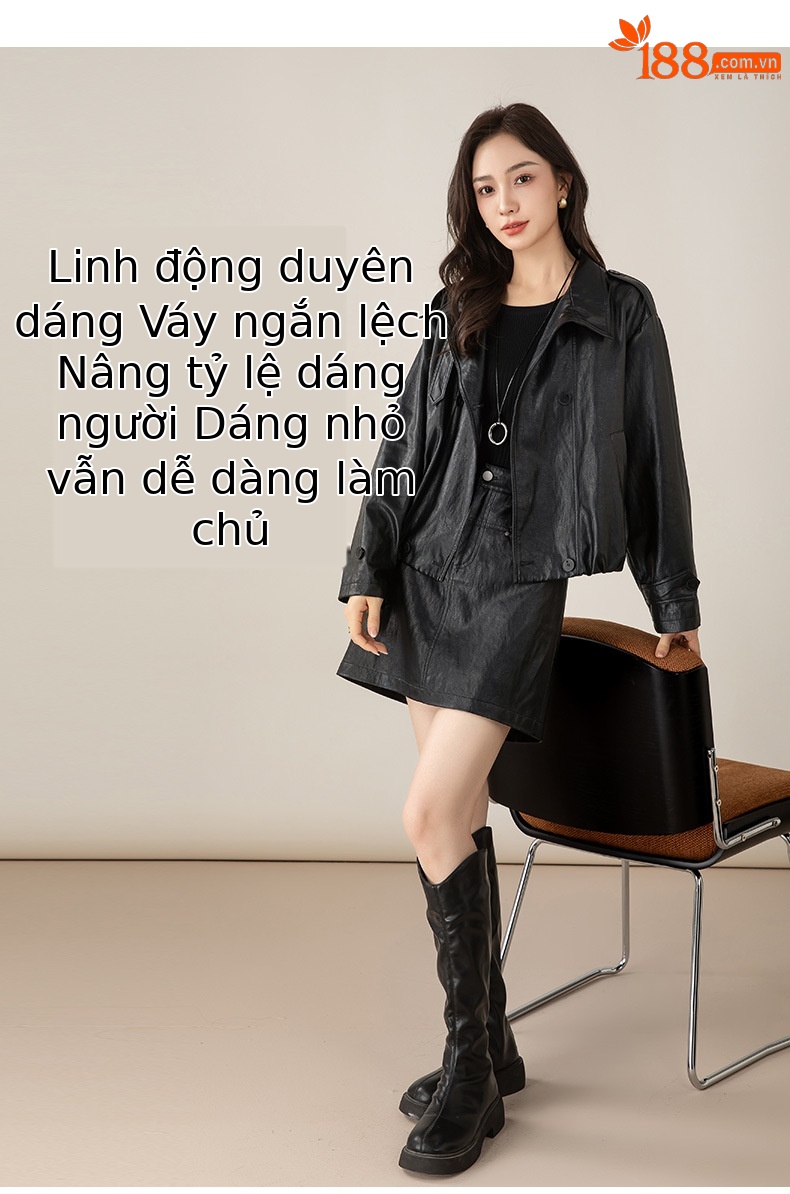 Váy chân váy bút chì da PU nữ cạp cao, đinh tán kim loại, dáng chữ A chống lộ — đen chi tiết 13