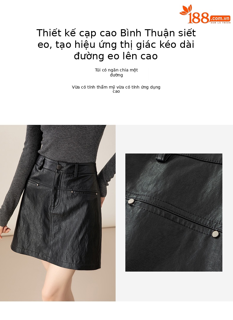 Váy chân váy bút chì da PU nữ cạp cao, đinh tán kim loại, dáng chữ A chống lộ — đen chi tiết 14