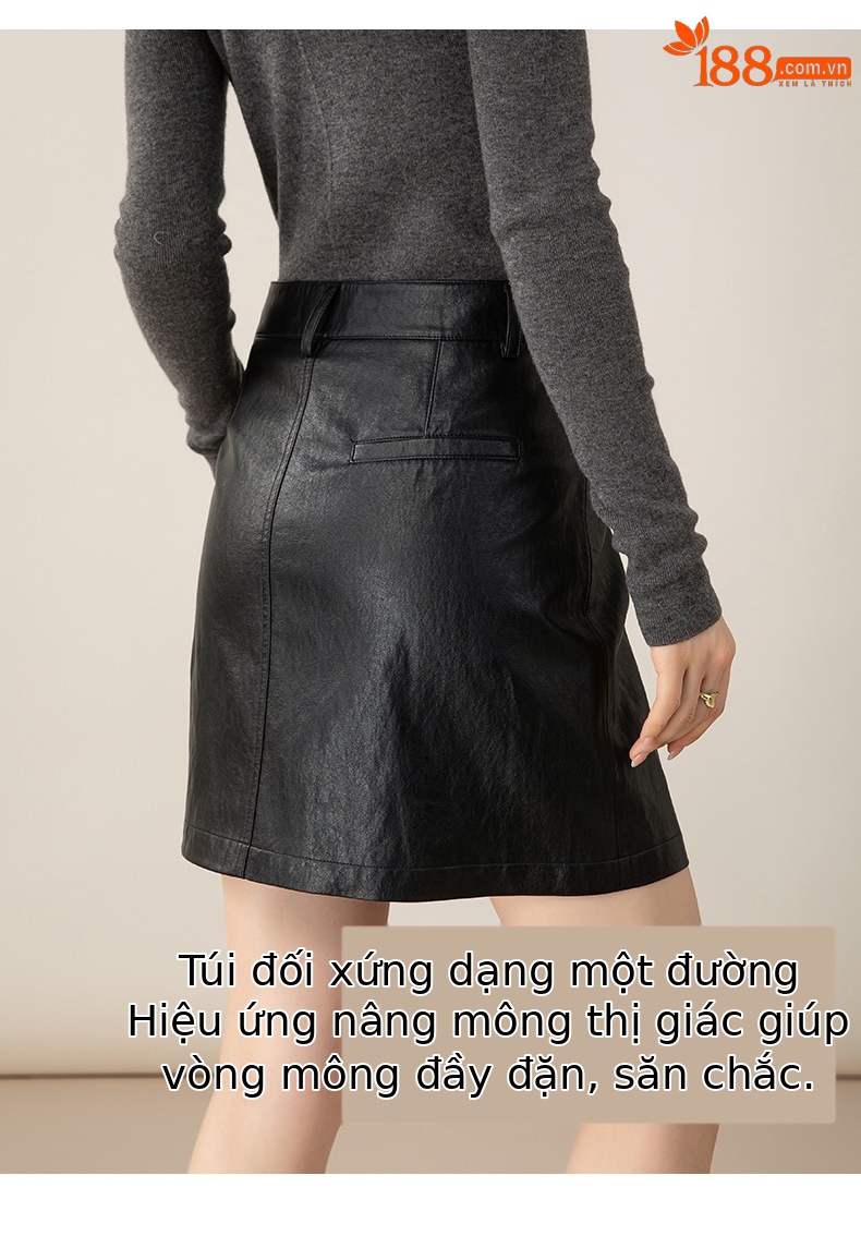 Váy chân váy bút chì da PU nữ cạp cao, đinh tán kim loại, dáng chữ A chống lộ — đen chi tiết 15