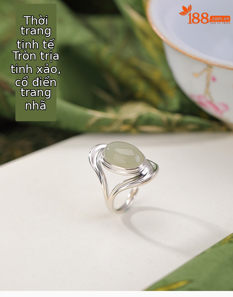 Nhẫn nữ bạc S925 đính ngọc Hetian tự nhiên hình bầu dục cabochon phong cách tối giản — một mảnh chi tiết 1