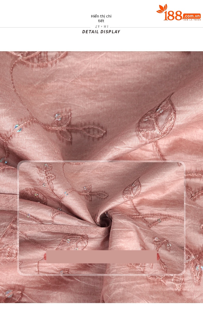Váy maxi nữ thêu sequin cổ chữ V thắt eo xòe phong cách Pháp — hồng chi tiết 2