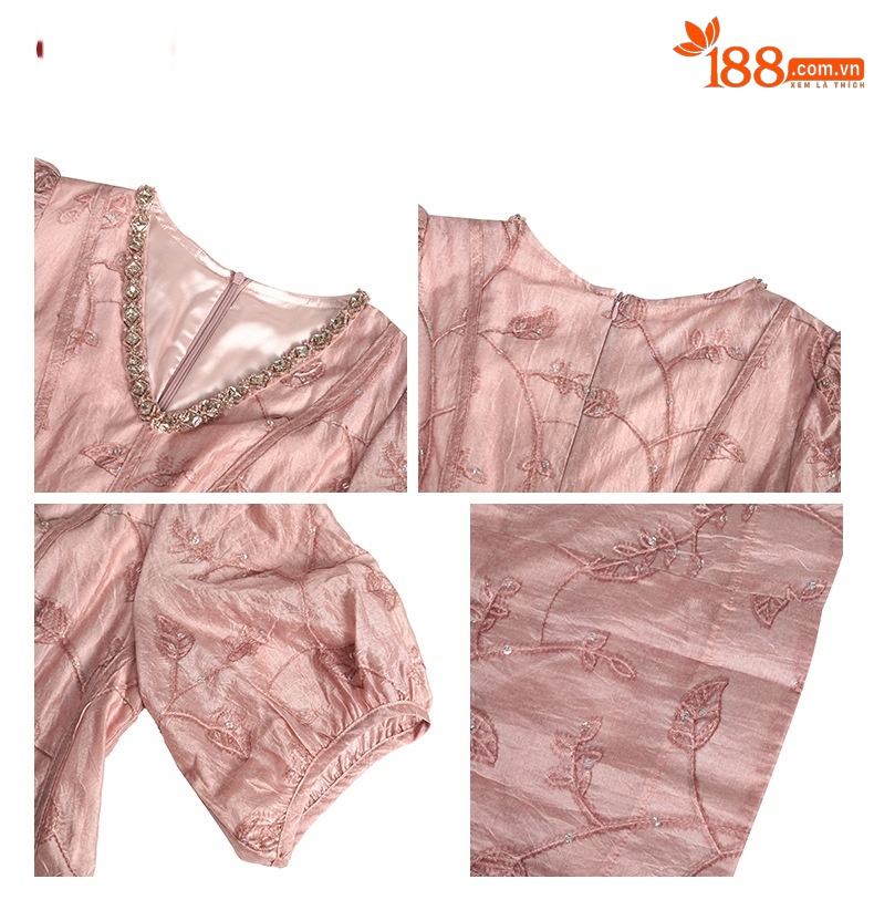 Váy maxi nữ thêu sequin cổ chữ V thắt eo xòe phong cách Pháp — hồng chi tiết 3