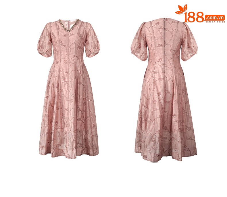 Váy maxi nữ thêu sequin cổ chữ V thắt eo xòe phong cách Pháp — hồng chi tiết 4