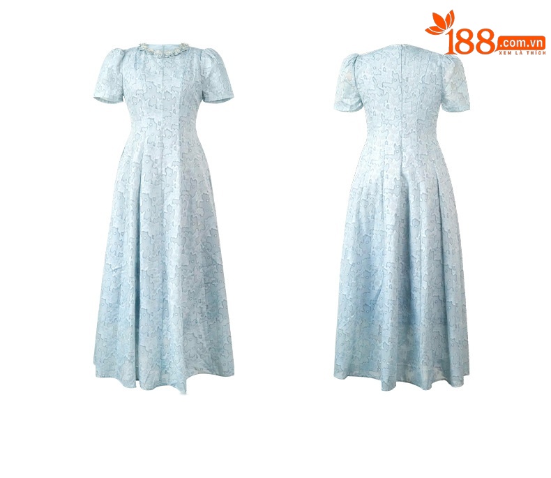 Váy maxi nữ thắt eo cổ tròn đính kim cương tay ngắn — trời xanh chi tiết 3