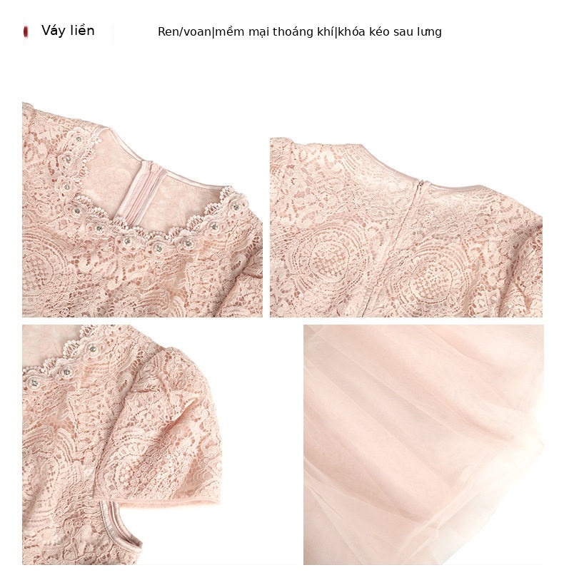Đầm ren nữ tay ngắn cổ tròn phối lưới dáng suông midi — [Hồng champagne] chi tiết 4