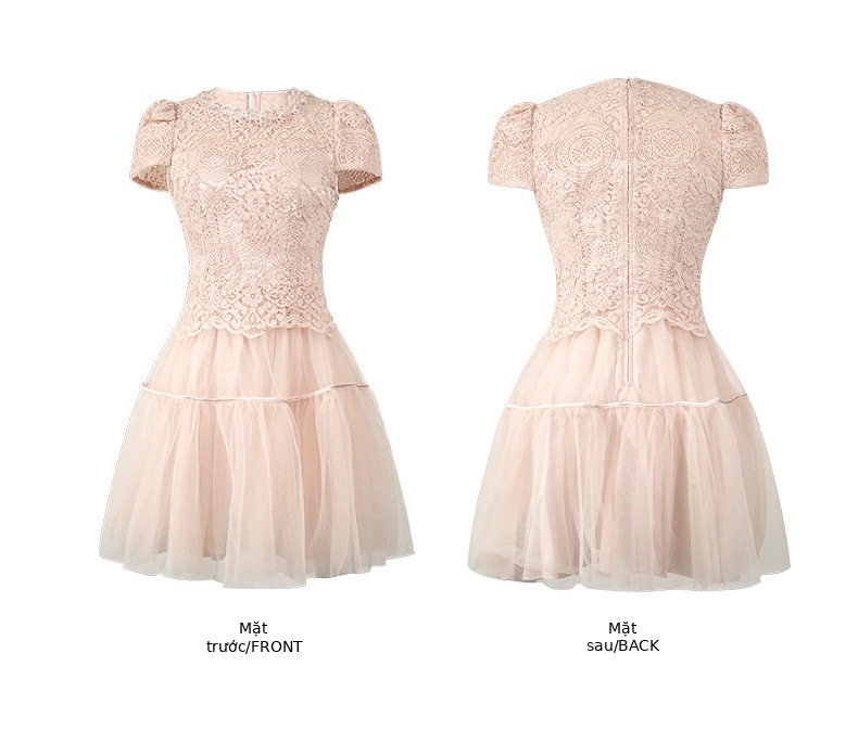 Đầm ren nữ tay ngắn cổ tròn phối lưới dáng suông midi — [Hồng champagne] chi tiết 5