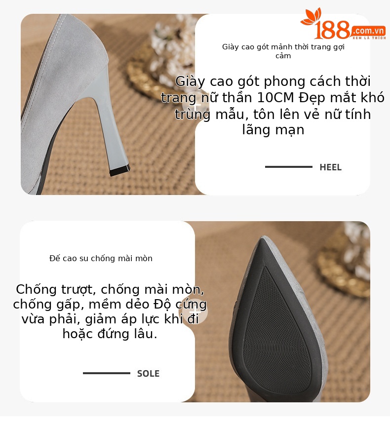 Giày cao gót nữ đế xuồng da lộn mũi nhọn gót 10.5 cm — nhung đen chi tiết 2