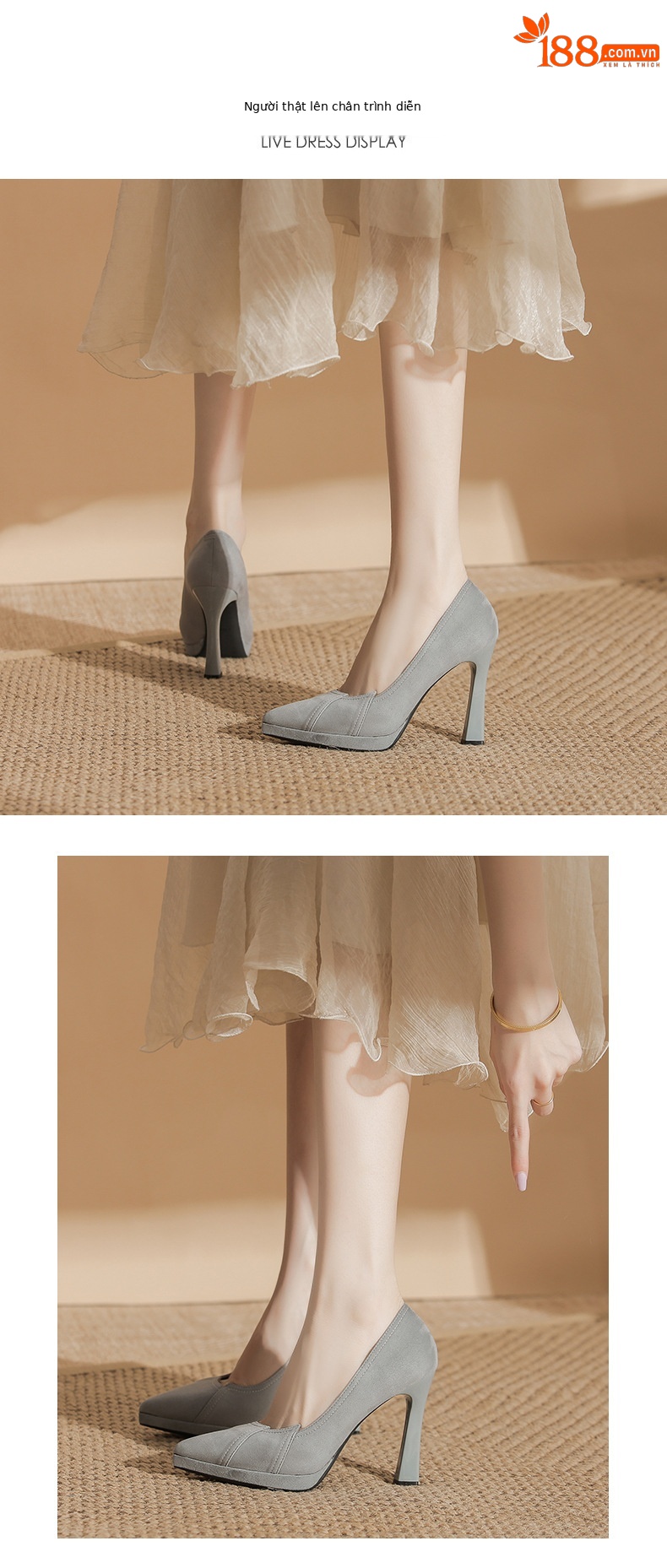 Giày cao gót nữ đế xuồng da lộn mũi nhọn gót 10.5 cm — nhung đen chi tiết 3