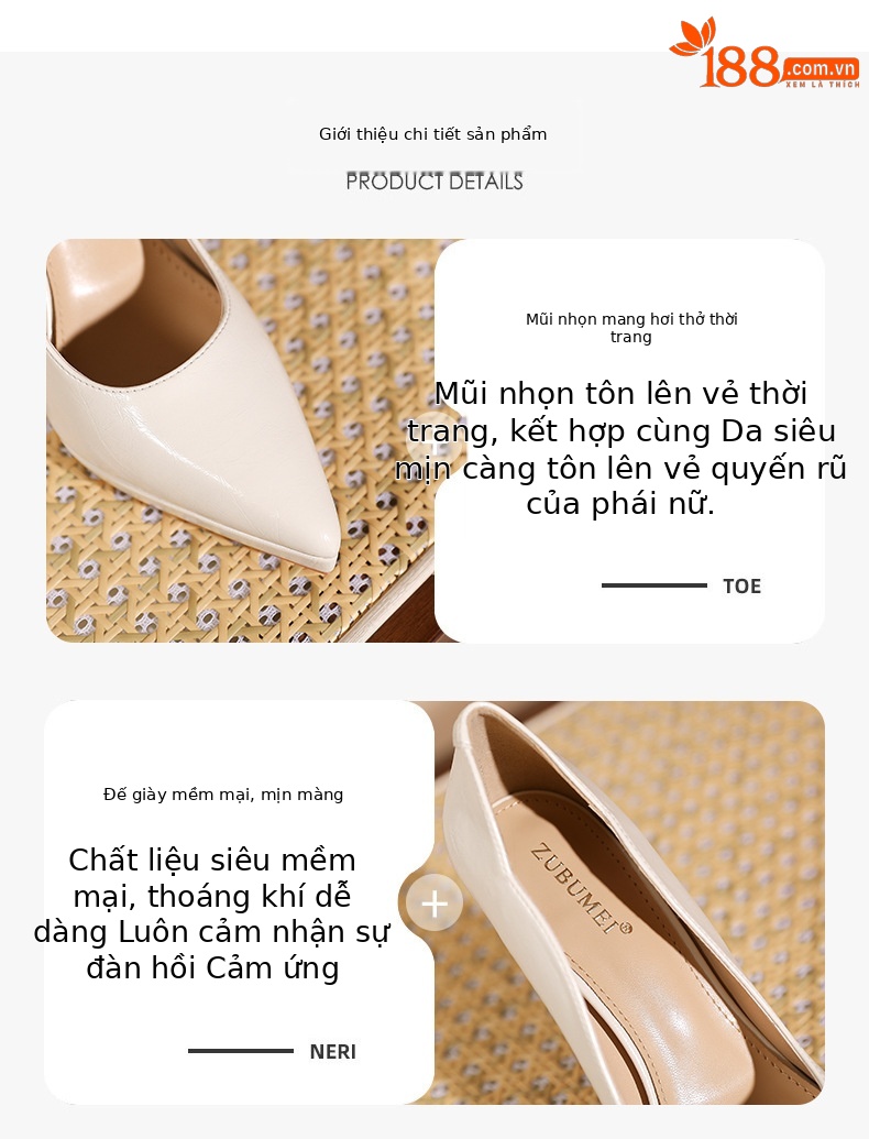 Giày bệt nữ chống nước mũi nhọn gót nhọn cao — đen chi tiết 1