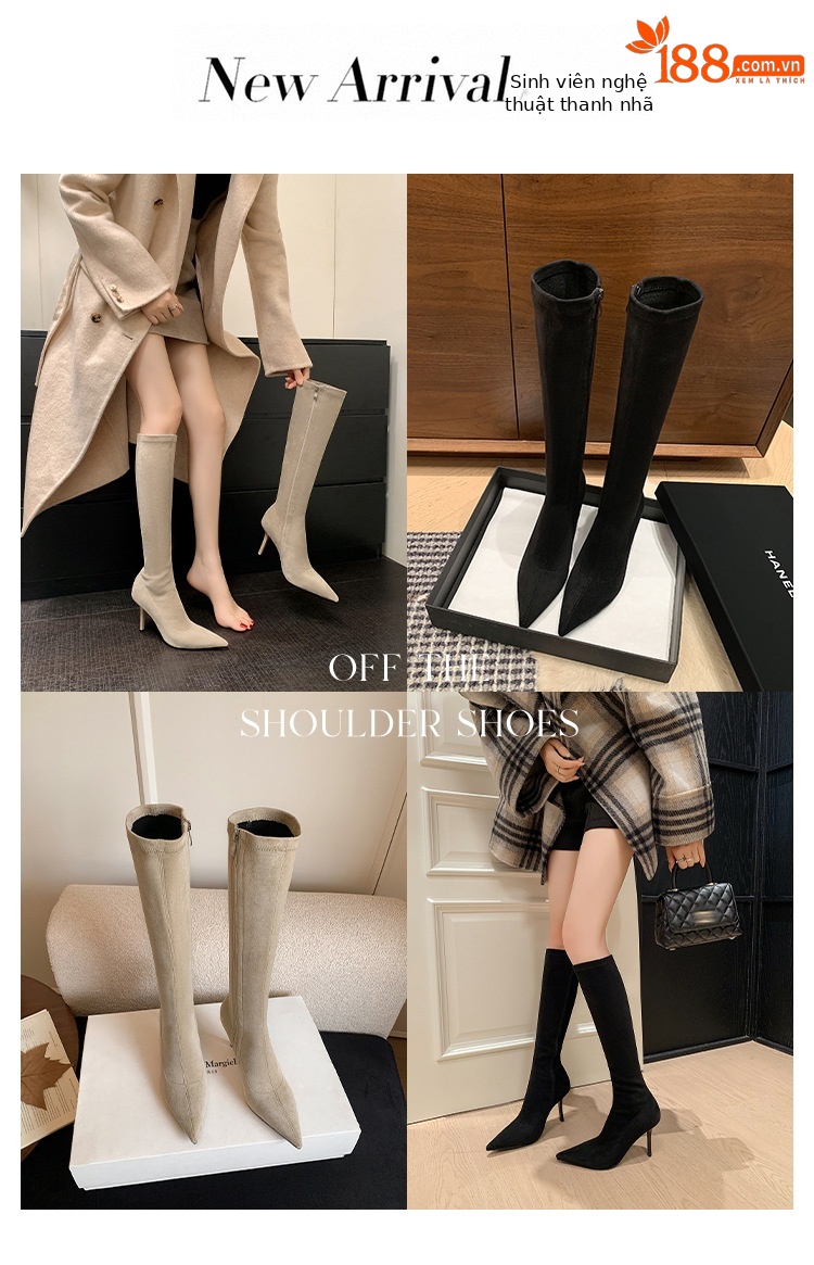 Boot nữ cổ cao ôm chân mũi nhọn gót siêu cao da lộn Thu Đông 2025 — Lớp lót đơn kaki ống cao, Lớp lót nhung kaki ống cao, Lớp lót nhung đen ống cao, Lớp lót nhung kaki trên đầu gối chi tiết 11