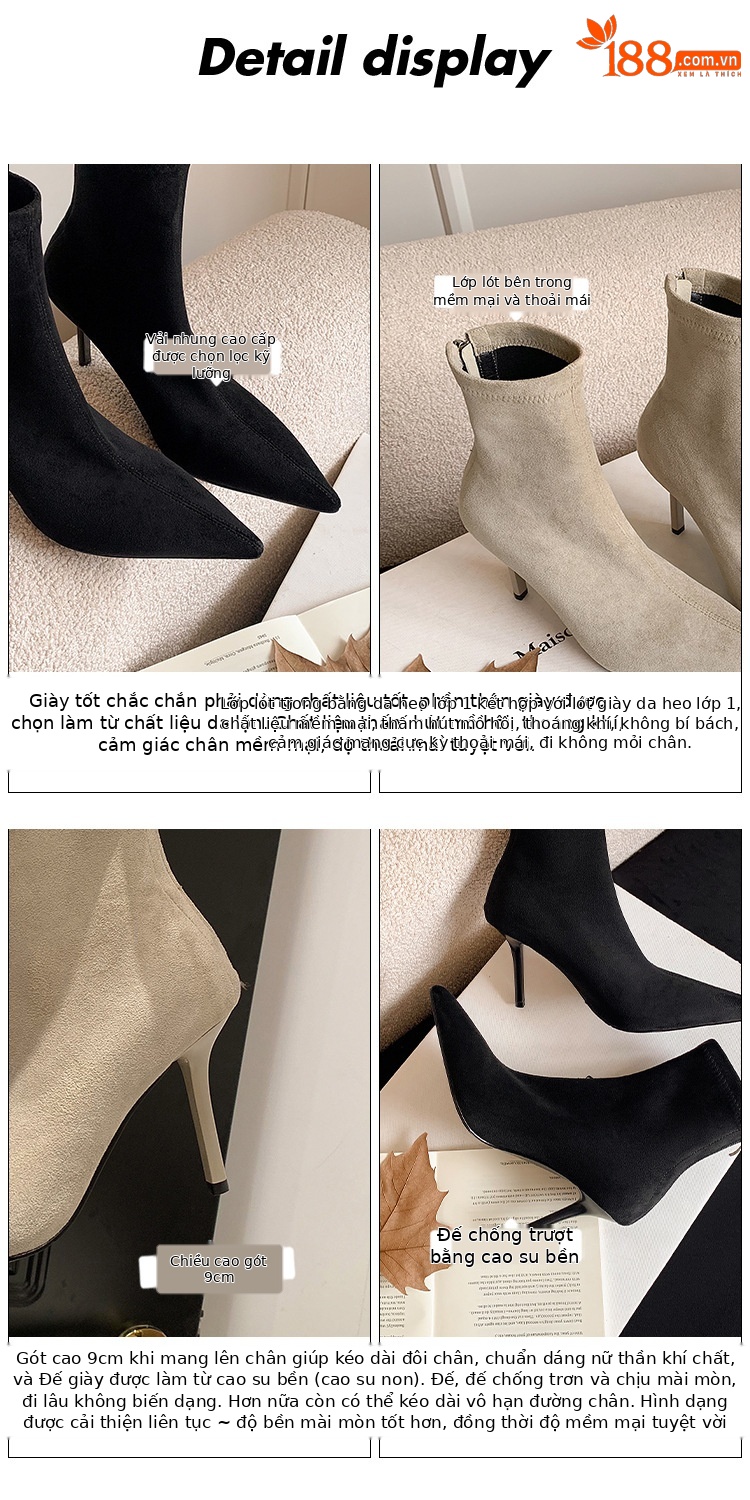 Boot nữ cổ cao ôm chân mũi nhọn gót siêu cao da lộn Thu Đông 2025 — Lớp lót đơn kaki ống cao, Lớp lót nhung kaki ống cao, Lớp lót nhung đen ống cao, Lớp lót nhung kaki trên đầu gối chi tiết 20