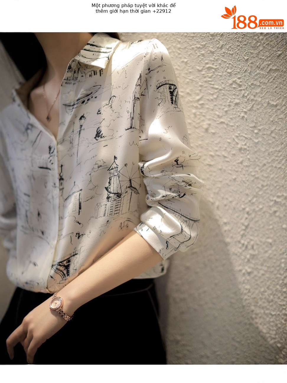 Áo sơ mi nữ dài tay chất satin twill họa tiết sketch phong cách Pháp — trắng