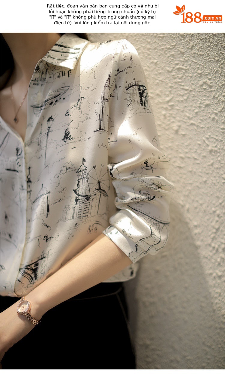 Áo sơ mi nữ dài tay chất satin twill họa tiết sketch phong cách Pháp — trắng chi tiết 2