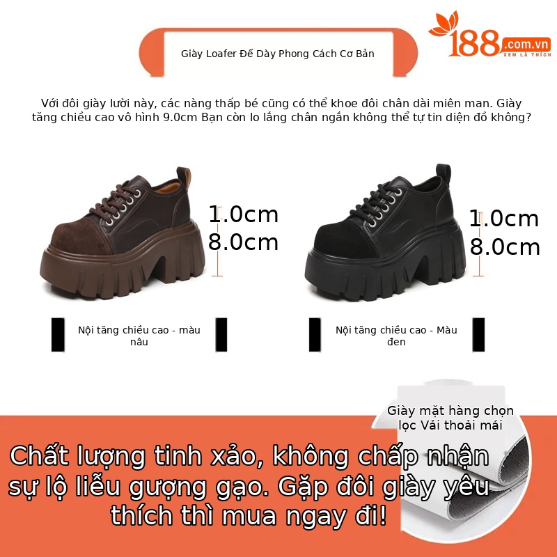 Giày loafer nữ đế xuồng platform tăng chiều cao 9 cm — màu nâu