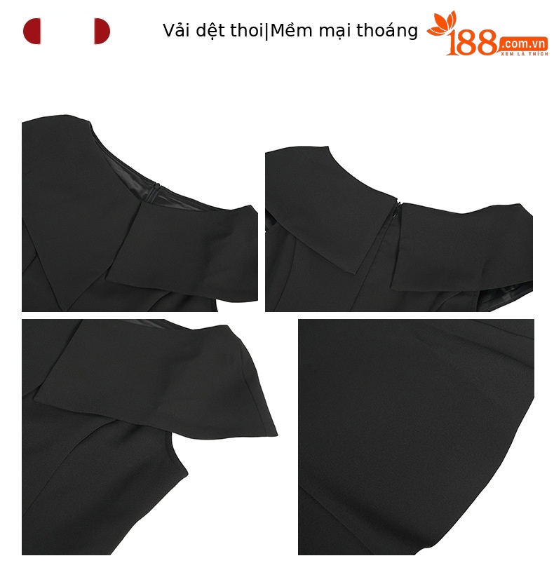 Áo thun nữ cổ tròn tay ngắn phong cách công sở ve áo một đường thắt eo — đen chi tiết 3