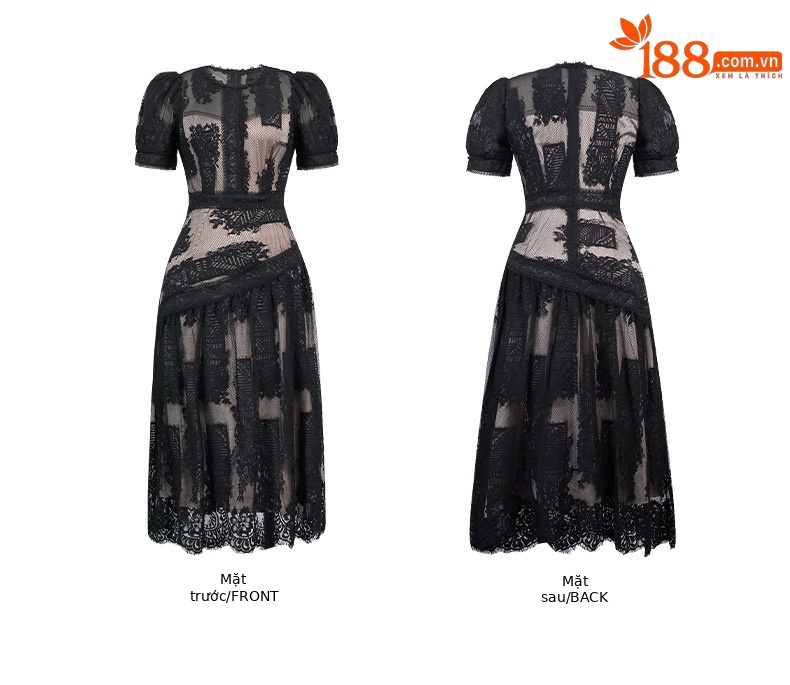 Đầm maxi nữ ren cổ tròn thắt eo vạt rộng thanh lịch — đen chi tiết 3