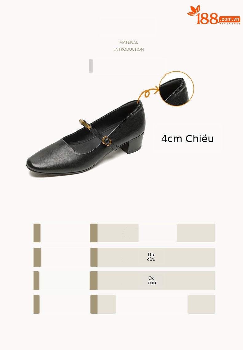 Giày Mary Jane nữ da bò miệng nông gót vuông 4 cm, phong cách công sở đơn giản, không đau chân — màu nâu chi tiết 3