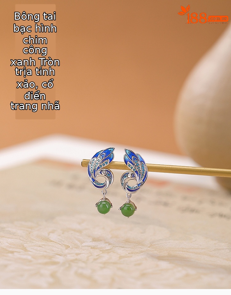 Bông tai dài bạc S925 đá Jasper xanh men hạt tròn phong cách dân tộc — một cặp chi tiết 1