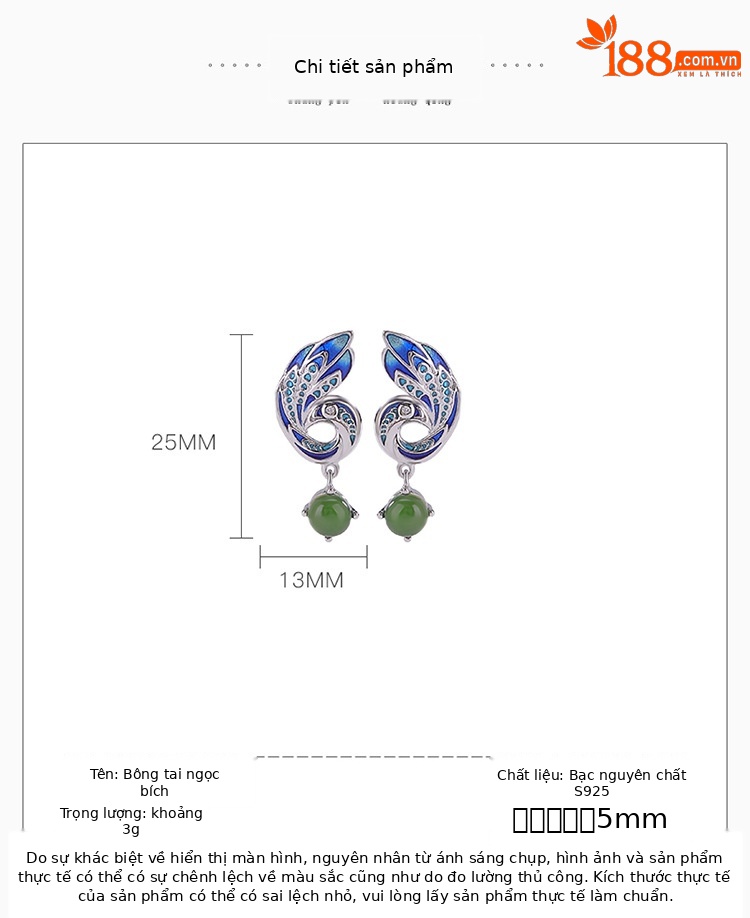 Bông tai dài bạc S925 đá Jasper xanh men hạt tròn phong cách dân tộc — một cặp chi tiết 2
