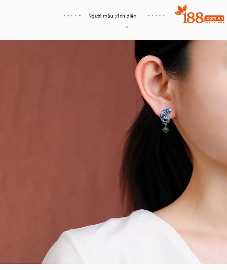 Bông tai dài bạc S925 đá Jasper xanh men hạt tròn phong cách dân tộc — một cặp chi tiết 3