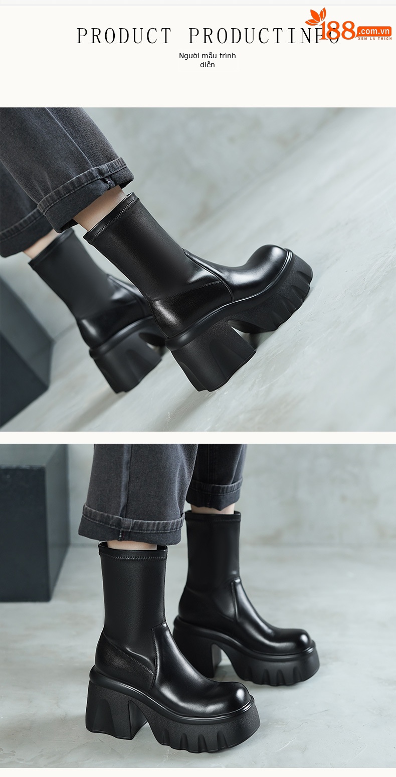 Boot nữ cổ thấp cao gót 10cm da thật đế dày tăng chiều cao mùa thu đông — Lớp lót bằng da bò, Lớp lót bằng da sáng chế chi tiết 3