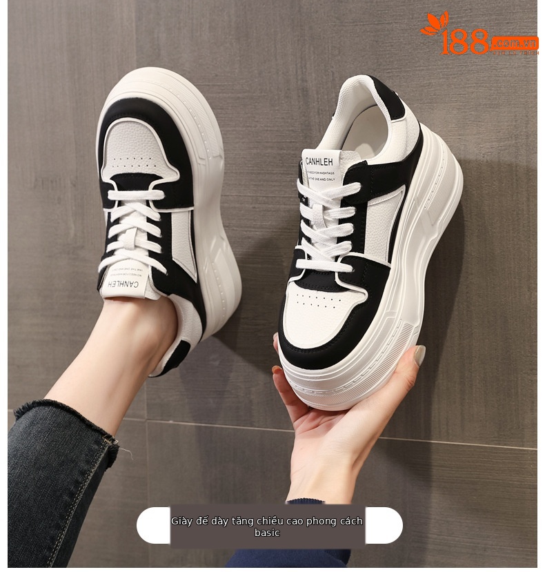 Giày sneaker nữ đế dày platform tăng chiều cao 8 cm phong cách casual — đen chi tiết 1