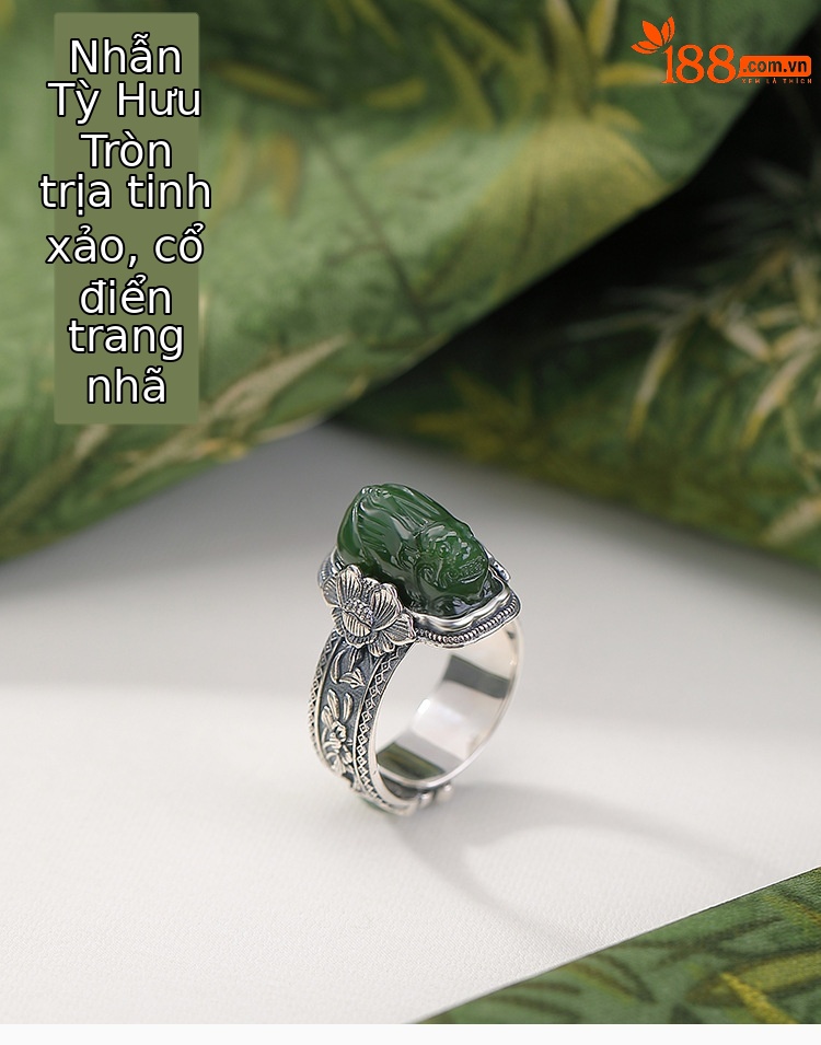 Nhẫn bạc S925 đính ngọc Hetian Jasper hình Pixiu phong cách Trung Hoa retro, hoa sen mở điều chỉnh — một mảnh chi tiết 1