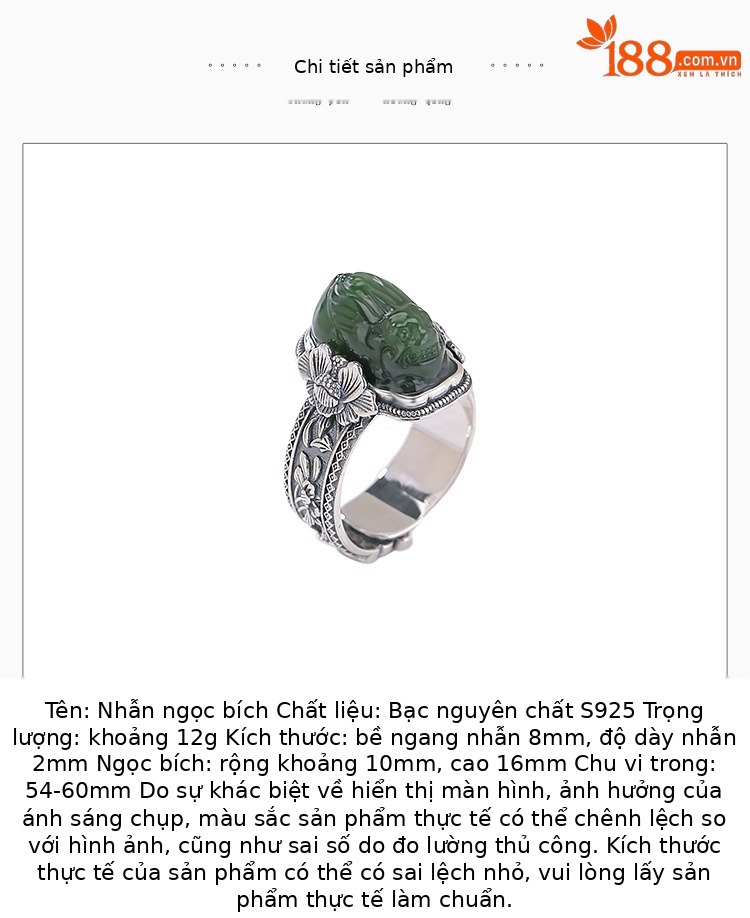 Nhẫn bạc S925 đính ngọc Hetian Jasper hình Pixiu phong cách Trung Hoa retro, hoa sen mở điều chỉnh — một mảnh chi tiết 2