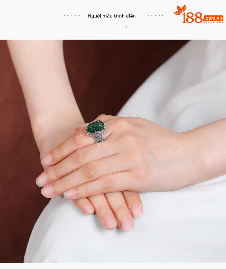 Nhẫn bạc S925 đính ngọc Hetian Jasper hình Pixiu phong cách Trung Hoa retro, hoa sen mở điều chỉnh — một mảnh chi tiết 4