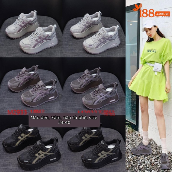 Giày sneaker nữ đế dày phong cách retro dành cho người dáng nhỏ, giày dad hot trend thu 2026, tăng chiều cao — M2933-1 màu xám đính kim cương, M2933 màu đen, M2933 màu nâu, M2933-1 màu đen đính kim cương