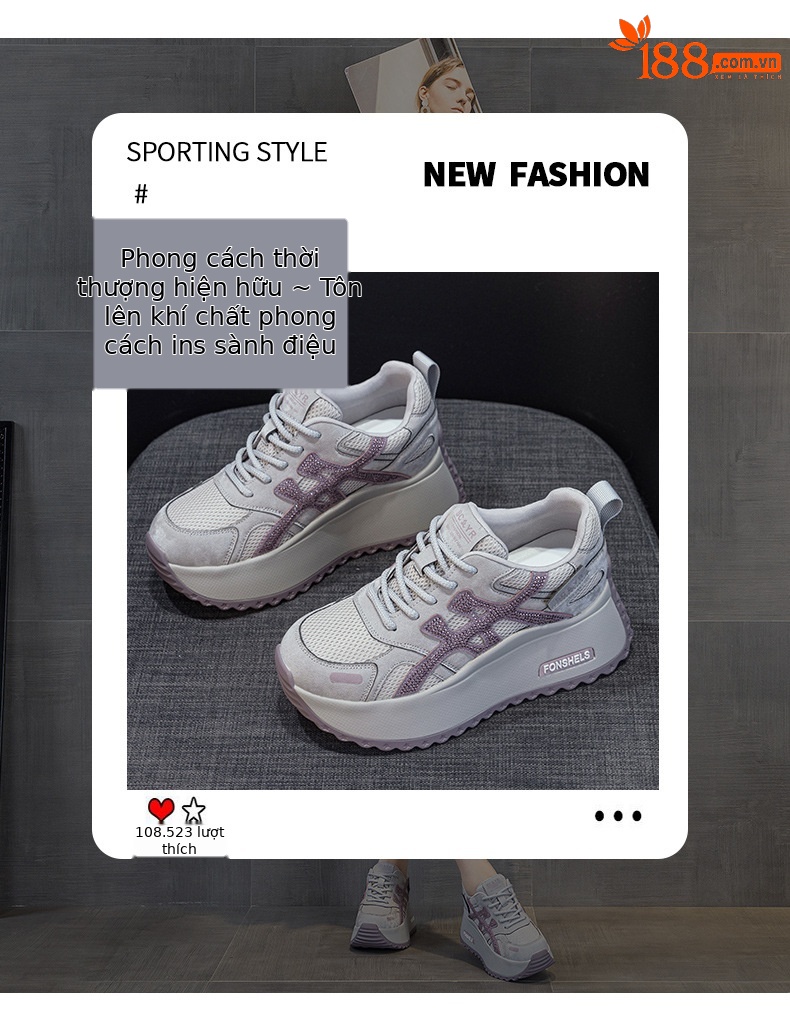 Giày sneaker nữ đế dày phong cách retro dành cho người dáng nhỏ, giày dad hot trend thu 2026, tăng chiều cao — M2933-1 màu xám đính kim cương, M2933 màu đen, M2933 màu nâu, M2933-1 màu đen đính kim cương chi tiết 3