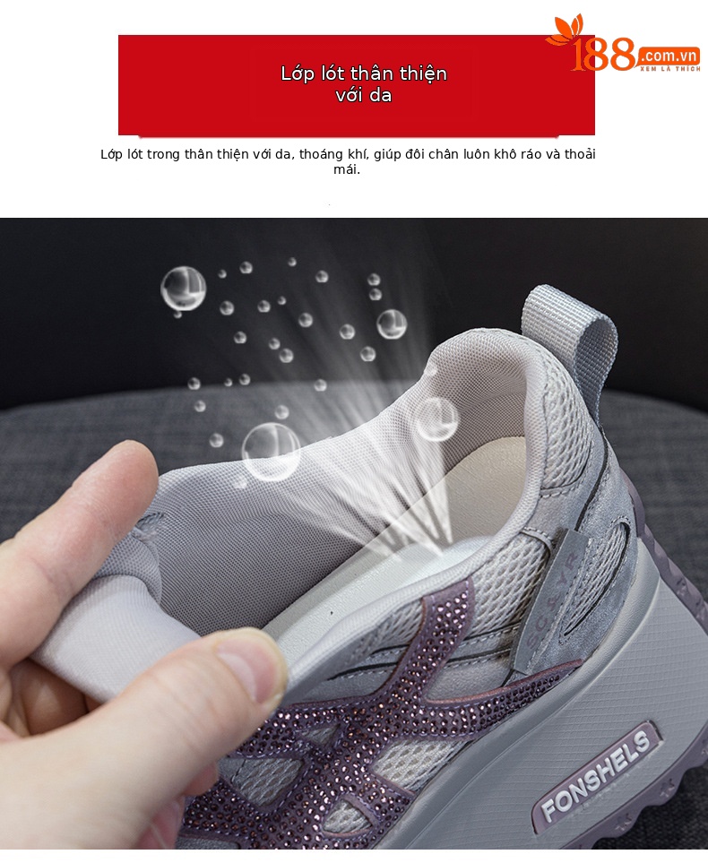 Giày sneaker nữ đế dày phong cách retro dành cho người dáng nhỏ, giày dad hot trend thu 2026, tăng chiều cao — M2933-1 màu xám đính kim cương, M2933 màu đen, M2933 màu nâu, M2933-1 màu đen đính kim cương chi tiết 8