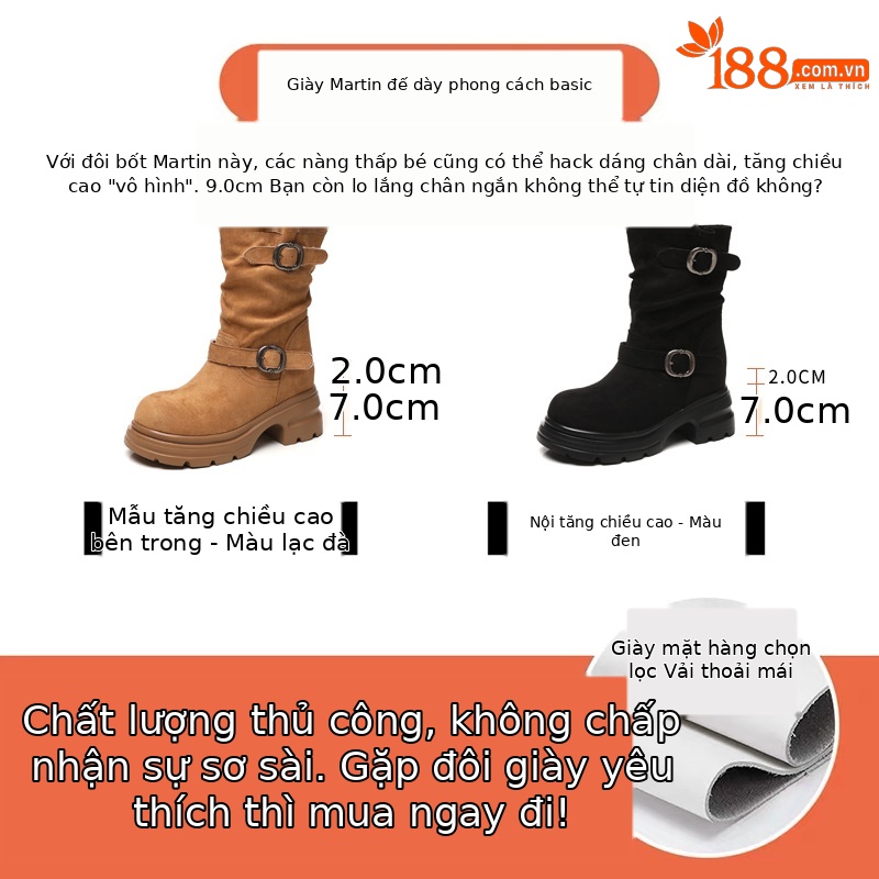 Boot Martin nữ đế dày tăng chiều cao, cổ ngắn 9cm tôn dáng — đen