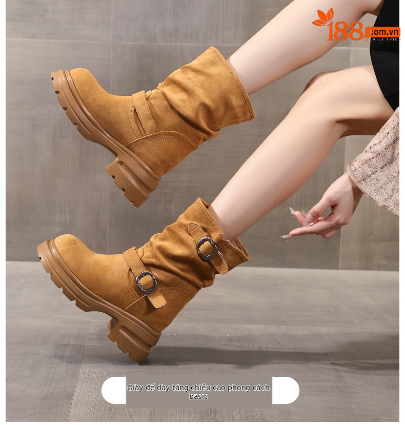 Boot Martin nữ đế dày tăng chiều cao, cổ ngắn 9cm tôn dáng — đen chi tiết 1