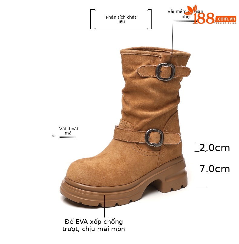 Boot Martin nữ đế dày tăng chiều cao, cổ ngắn 9cm tôn dáng — đen chi tiết 3