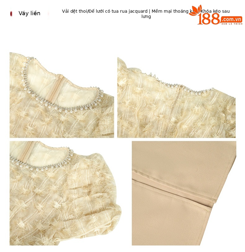 Đầm dự tiệc cổ tròn tay phồng ôm eo phong cách Pháp — sâm panh chi tiết 3