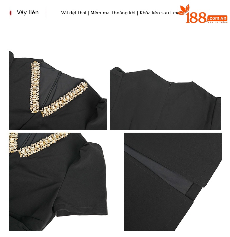 Đầm bodycon cổ chữ V dày dặn dài quá đầu gối kiểu Pháp — đen chi tiết 2