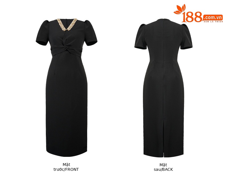Đầm bodycon cổ chữ V dày dặn dài quá đầu gối kiểu Pháp — đen chi tiết 3