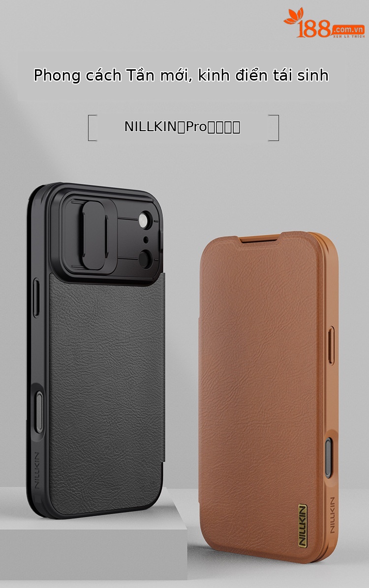 Ốp lưng NILLKIN dạng gập bảo vệ ống kính cho iPhone 17 Pro Max, chất liệu da — Dòng Qin PRO Đen, Qin Series PRO Nâu chi tiết 1