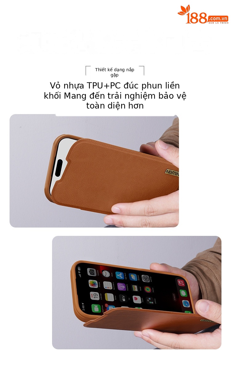 Ốp lưng NILLKIN dạng gập bảo vệ ống kính cho iPhone 17 Pro Max, chất liệu da — Dòng Qin PRO Đen, Qin Series PRO Nâu chi tiết 3