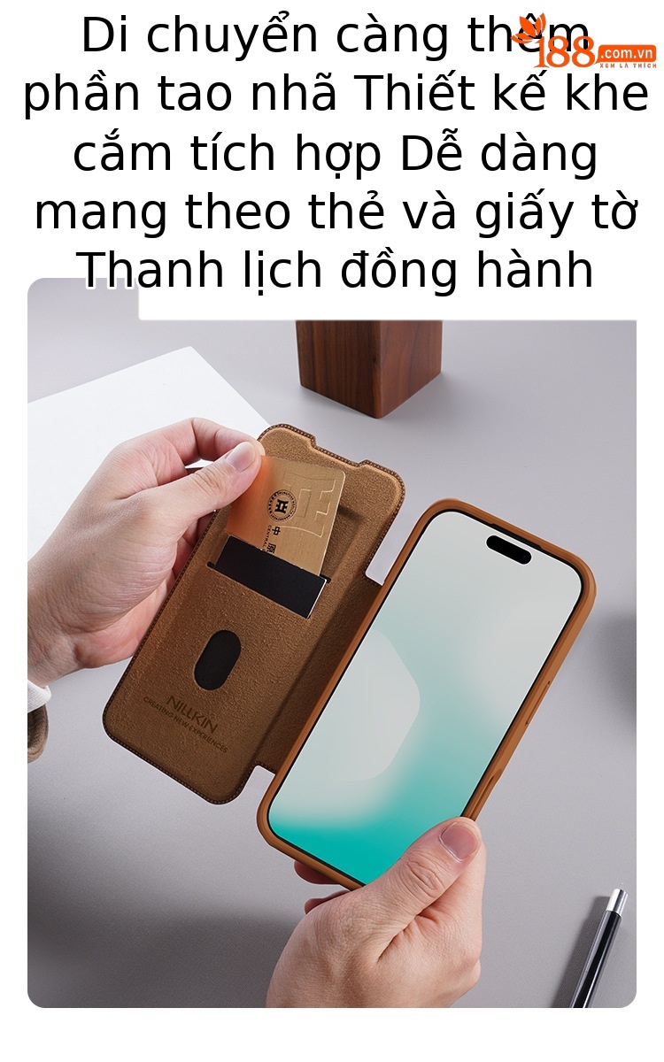 Ốp lưng NILLKIN dạng gập bảo vệ ống kính cho iPhone 17 Pro Max, chất liệu da — Dòng Qin PRO Đen, Qin Series PRO Nâu chi tiết 4
