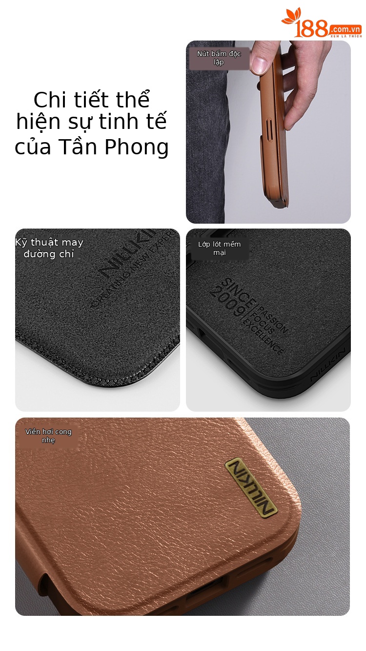 Ốp lưng NILLKIN dạng gập bảo vệ ống kính cho iPhone 17 Pro Max, chất liệu da — Dòng Qin PRO Đen, Qin Series PRO Nâu chi tiết 5